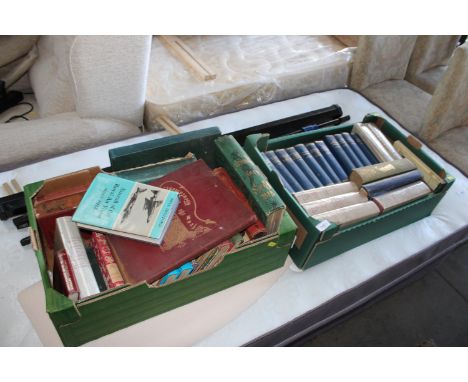 Two boxes of various books together with a projector screen and stand