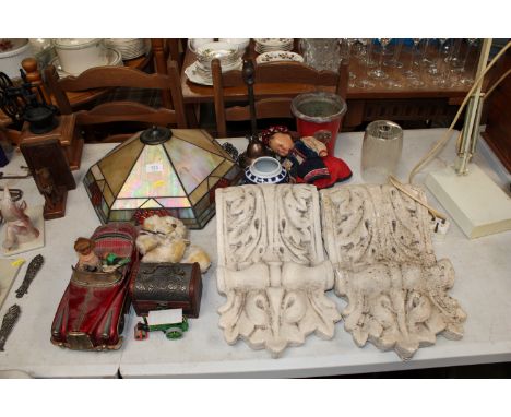 A Tiffany style lamp shade; a Royal Botanic Garden plant pot; a blue and white ginger jar; a ceramic doll etc.
