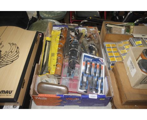 A box containing a quantity of tools to include Draper precision screwdriver set, various files etc.