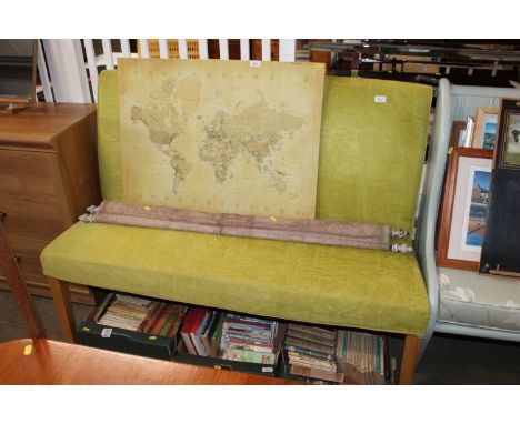 An oak framed and upholstered bench, vendor reports from Multi York
