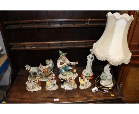 A quantity of Continental porcelain figures and a figural table lamp