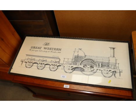 A framed black and white print "The Great Western, the First Engine, Built Entirely at Swindon"