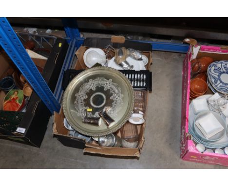 A box of various sundry items to include Poole mugs, Studio Pottery dish, silver plated tray etc.