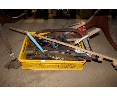 A quantity of hand tools to include saws; sheers; hammer; foot pump etc