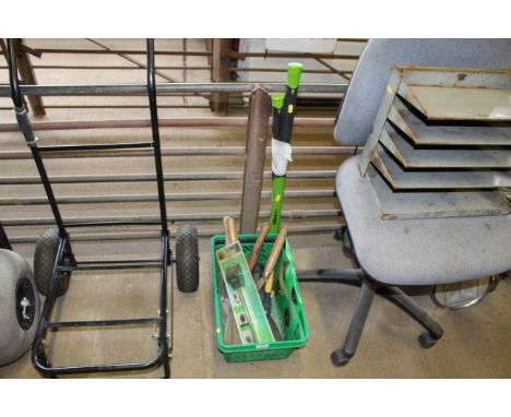 A basket of garden hand tools to include shears together with and axe and sledge hammer