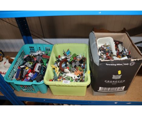 Three boxes containing die cast vehicles, model soldiers, military figures to include Britains etc.