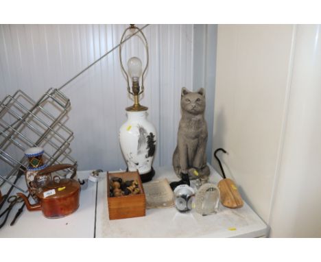An Oriental vase converted to a table lamp, cat figures, ink well, two paperweights, quantity of chess pieces and a shoe tree
