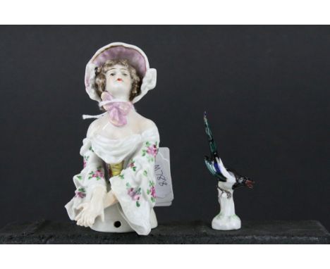 Small Meissen Porcelain Model of a Magpie, 7cms high together with Augustus Rex Porcelain Pin Doll Half Doll, 11cms high