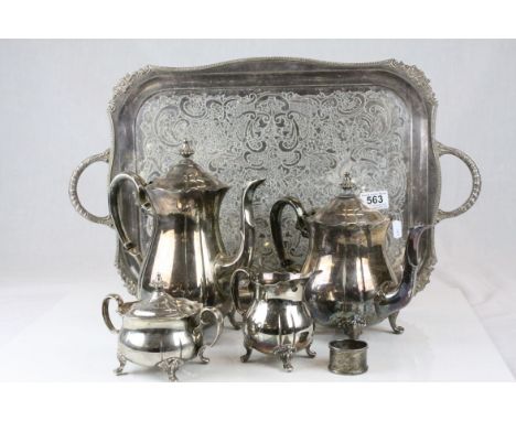 Silver Plated Four Piece Tea Service together with a Silver Plated Twin Handle Tray and a Napkin Ring