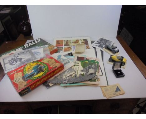 Tray of Motor Car related Collectables including Games, Ephemera, Two Carltonware Ceramic Models of Vintage Motor Cars, Pin B