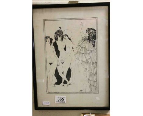 Framed Art Deco print of nudes and a women in dress with flowers in her hair  signed Aubrey Beardsley.