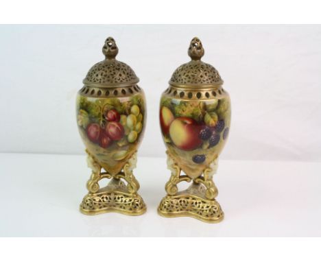 A pair of Royal Worcester pomander vases hand painted with fruit decoration by E. Townsend. pattern number G773.
