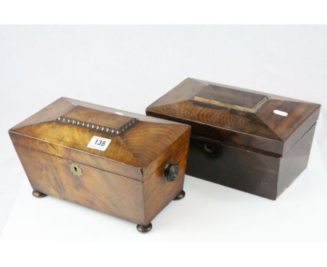Regency Mahogany Sarcophagus Tea Caddy, 32cms long together with another similar Tea Caddy (a/f) together with another box