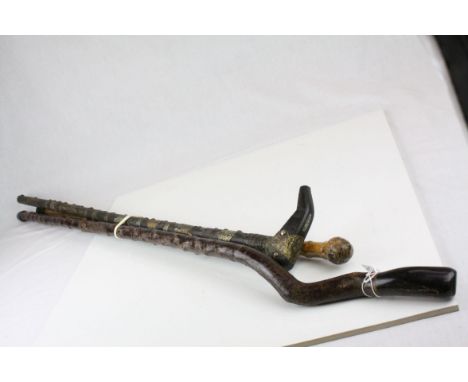 Bamboo Shaft Walking Stick, Twisted Walking Stick with Horn Handle and a Tibetan Style Walking Stick