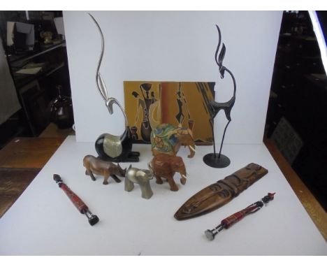 Box of Mixed African Items including Tribal Art, Carved Elephants, etc