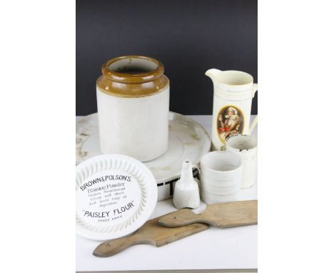 Kitchen Items including Welsh Butter Hands &amp; Counter Slab (a/f), Ovaltine Jug, Stoneware Pot, Milk Ladle, Pie Funnel, etc