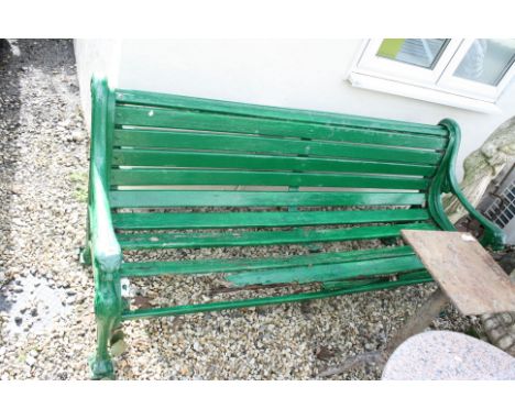 19th Century Garden Bench, the cast iron ends stamped 'Taylor Bros, Sandyacre ', with lions mask terminals and paw feet, wood