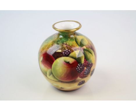 A 20th century porcelain vase hand decorated with Berries &amp; Apples by former Royal Worcester artist Terrance Nutt.