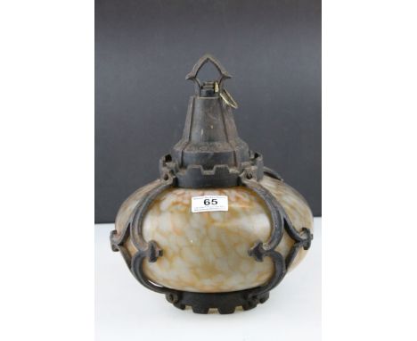 Arts and Crafts Cast Iron and Mottled Glass Hanging Light Shade, 29cms high