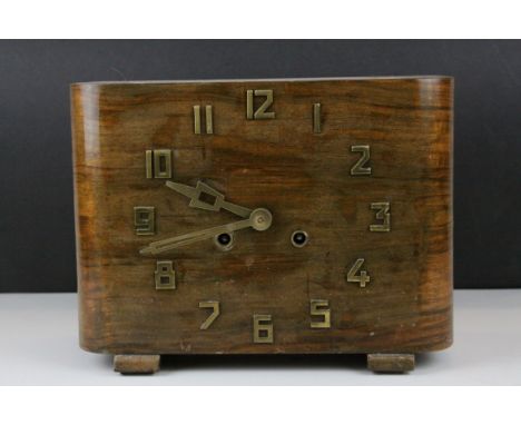 Art Deco 8 Day Walnut Cased Mantle Clock, the open face with brass arabic numerals, 22cms high