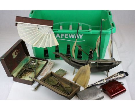 Mixed Lot including Model of a Chinese Junk, Hand Fans, Hip Flasks, Vesta Case, etc