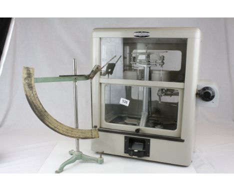A 20th century cased industrial set of scales together with one other balance scale and a Child's Wooden Toolbox