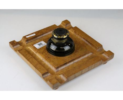 Birds Eye Maple Standish / Pen Stand fitted with an Earlier Blue Glass Inkwell, 24cms wide