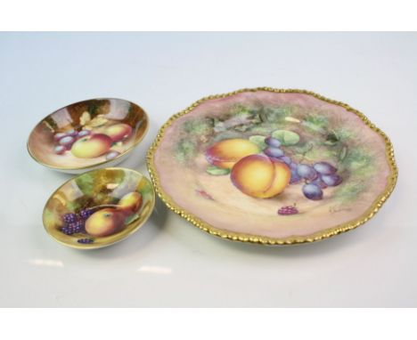 Three Royal Worcester hand painted cabinet plates all with fruit decoration and signed by the artists.