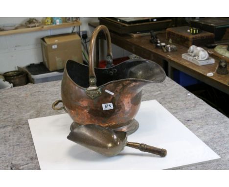 19th Copper Helmet Shaped Coal Scuttle with a Copper Scoop