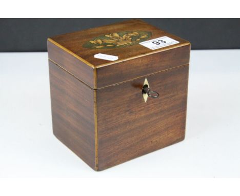 Regency Mahogany Single Compartment Tea Caddy with boxwood edging, the hinged lid inlaid with a Plume of Feathers, with key, 