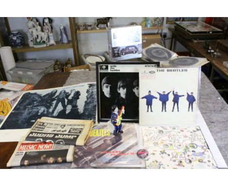 Beatles and Music Collectables including Two Beatles Vinyl LP's ' Please Please Me ' and ' Help ', The Bealtes Tinned Single 