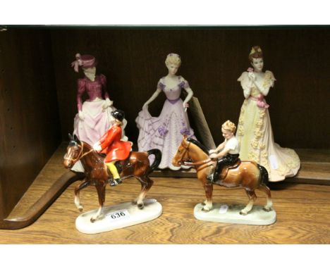 Three Coalport Age of Elegance Figurines - First Waltz, Midsummer Dream and Hyde Park together with Two German Ceramic Figure