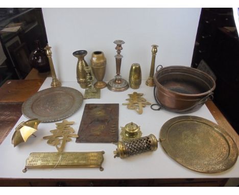 A quantity of copper and brass to include cribbage board, vases, candlesticks, Copper Jam Pan etc.
