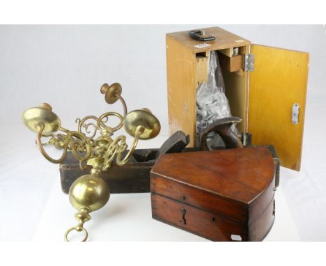 A mahogany antique box of unusual design,a cased microscope and a large wooden plane together with a pair of wall lights.