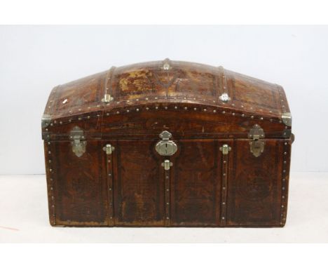 Large Leather Covered Wooden Domed Top Trunk with Leather Carrying Handles, 111cms wide x 74cms high