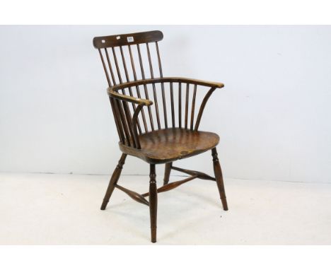 19th century Provincial Stick-back Elbow Chair with Burr Elm Seat, 91cms high