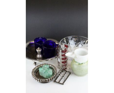 Mixed Lot including Two Blue Glass Rinsers, Silver Plated ' Savoy ' Pepper Grinder, Two Silver Plate and Wooden Wine Coasters