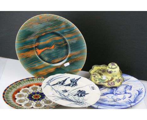 A group of plates to include Cauldon Aesthetic with bird decoration,a tin glazes blue and white plate decorated with hunter o