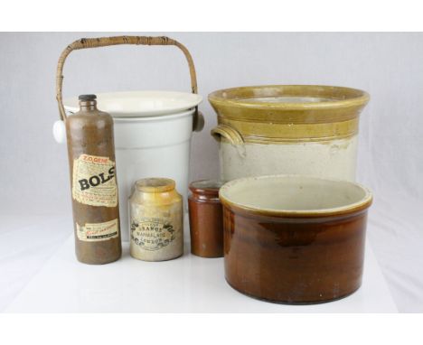 Large 19th century Stoneware Jar with impressed mark, 32cms diameter together with a Ceramic Slop Bucket, Denby Jar, Bols Sto