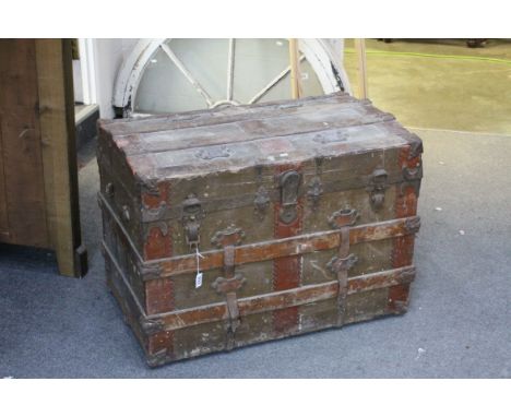 Large 19th century Canvas covered and Wooden Bound Travelling Trunk, 82cms wide x 59cms wide