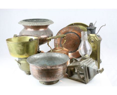 Collection  of Metalware including Copper Kettle, Copper Oil Lamp Base, Carriage Lamp (converted to electric), Brass Preserve