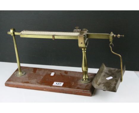 Set of Brass Balance Scales with single pan, on wooden plinth base