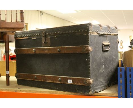 19th century Canvas Covered and Wooden Bound and Studded Travelling Trunk, 77cms long