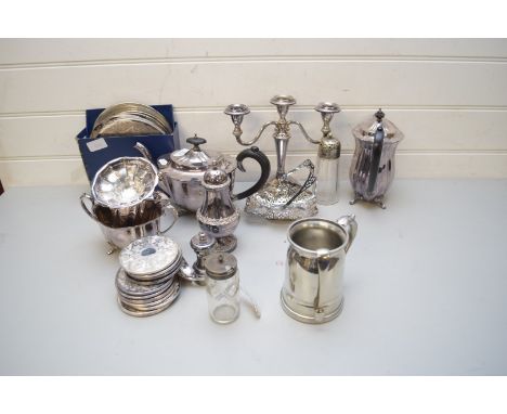 MIXED LOT OF SILVER PLATED WARES TO INCLUDE TEA SET, COASTERS, CANDELABRA, PLACE MATS ETC