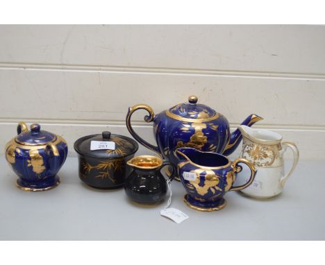 ARTHUR WOOD THREE PIECE TEA SERVICE TOGETHER WITH A JAPANESE LACQUERED BOX AND TWO FURTHER JUGS