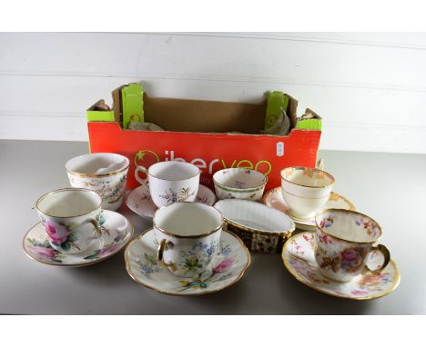 COLLECTION OF 19TH CENTURY AND LATER TEA CUPS AND SAUCERS, A WEDGWOOD OVAL DISH WITH GILT DECORATION