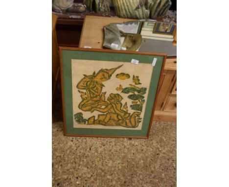 COLOURED PRINT OF A SOUTH EAST ASIAN DEITY, F/G, 59CM HIGH
