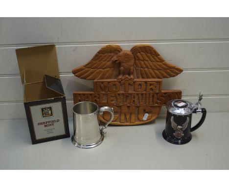 HARLEY DAVIDSON MOTORCYCLES CARVED WOODEN WALL PLAQUE TOGETHER WITH A HARLEY DAVIDSON MUG AND A SHEFFIELD PEWTER TANKARD