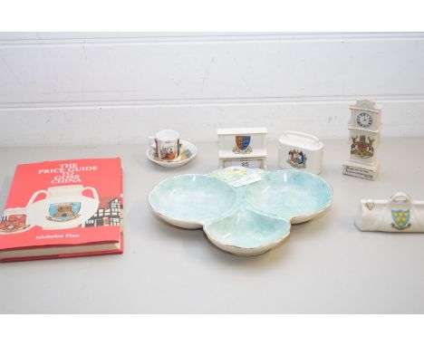 MIXED LOT CRESTED CHINA WARES, AN AUGUSTUS REX MINIATURE CABINET CUP AND SAUCER, A FLOWER DECORATED HORS D'OEUVRES DISH AND G