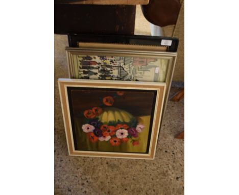 MIXED LOT COMPRISING A TAPESTRY AFTER LOWRY, OIL ON BOARD STUDY OF ANEMONES AND A FURTHER PRINT (3)